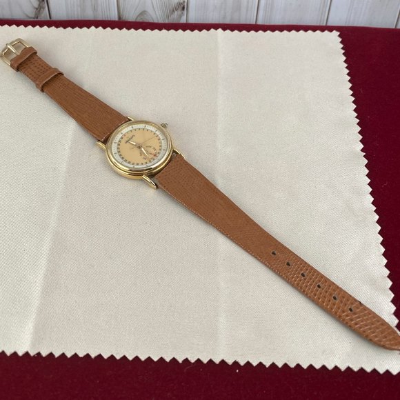 Vintage Movado Gold Dot Watch 1970\'s 5 Hands 8 inch New Tan Leather Strap